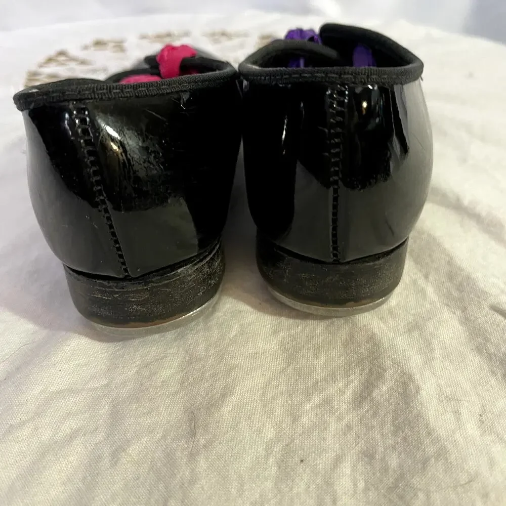 Coasters Girls Black Tap Shoes Size 12.5 Tip Top Tap Dance Pink Purple Ribbons